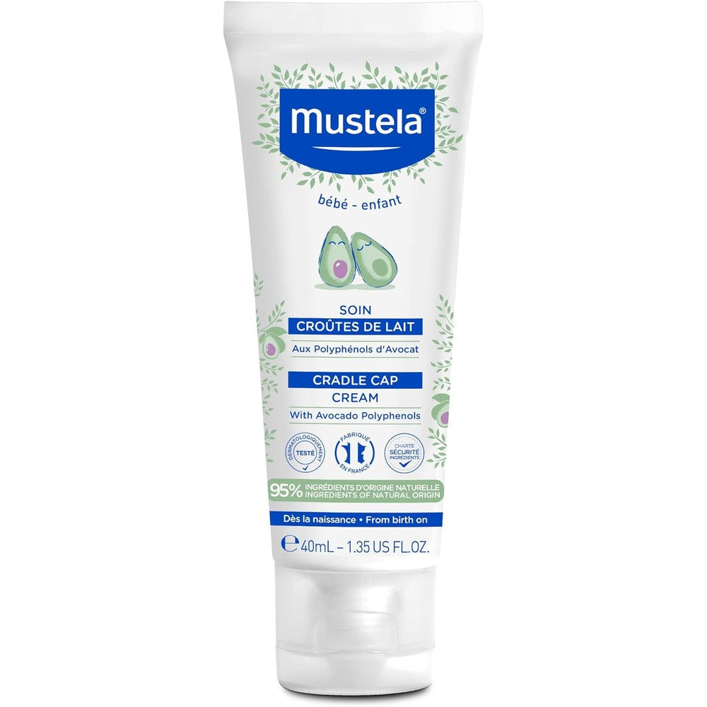 Mustela Baby Cradle Cap Cream 40ml tube front view showing hypoallergenic packaging.