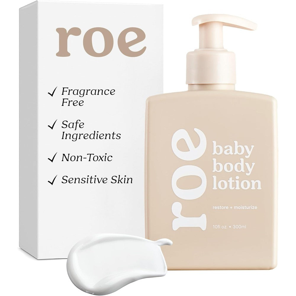 Roe Wellness fragrance-free baby lotion bottle front view for sensitive skin