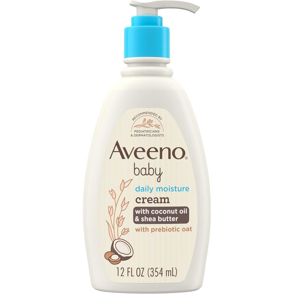Aveeno Baby Daily Moisturizing Cream front view bottle showing prebiotic oat and coconut oil ingredients