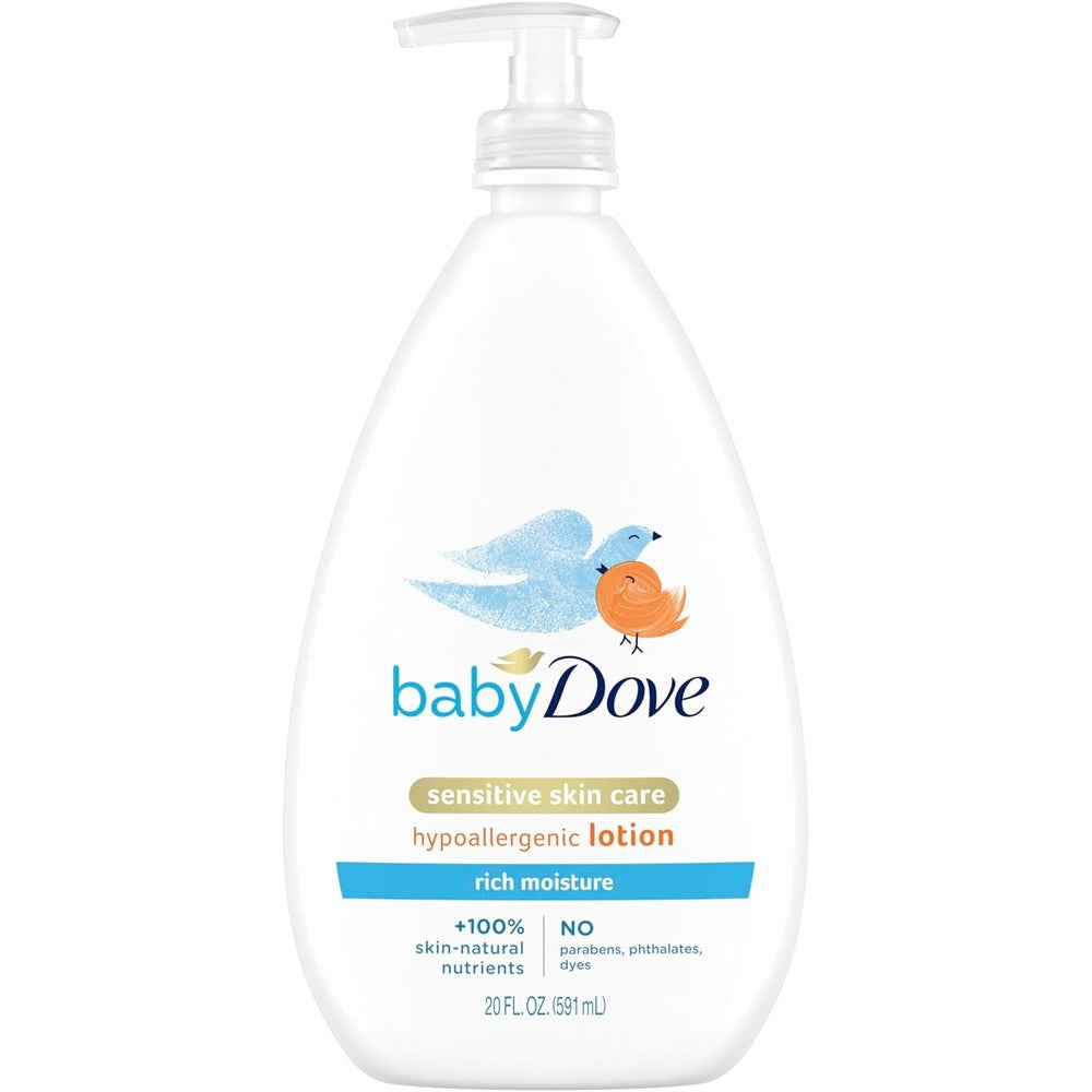 Baby Dove Sensitive Skin Care Body Lotion Rich Moisture 20 Fluid Ounces front view bottle packaging