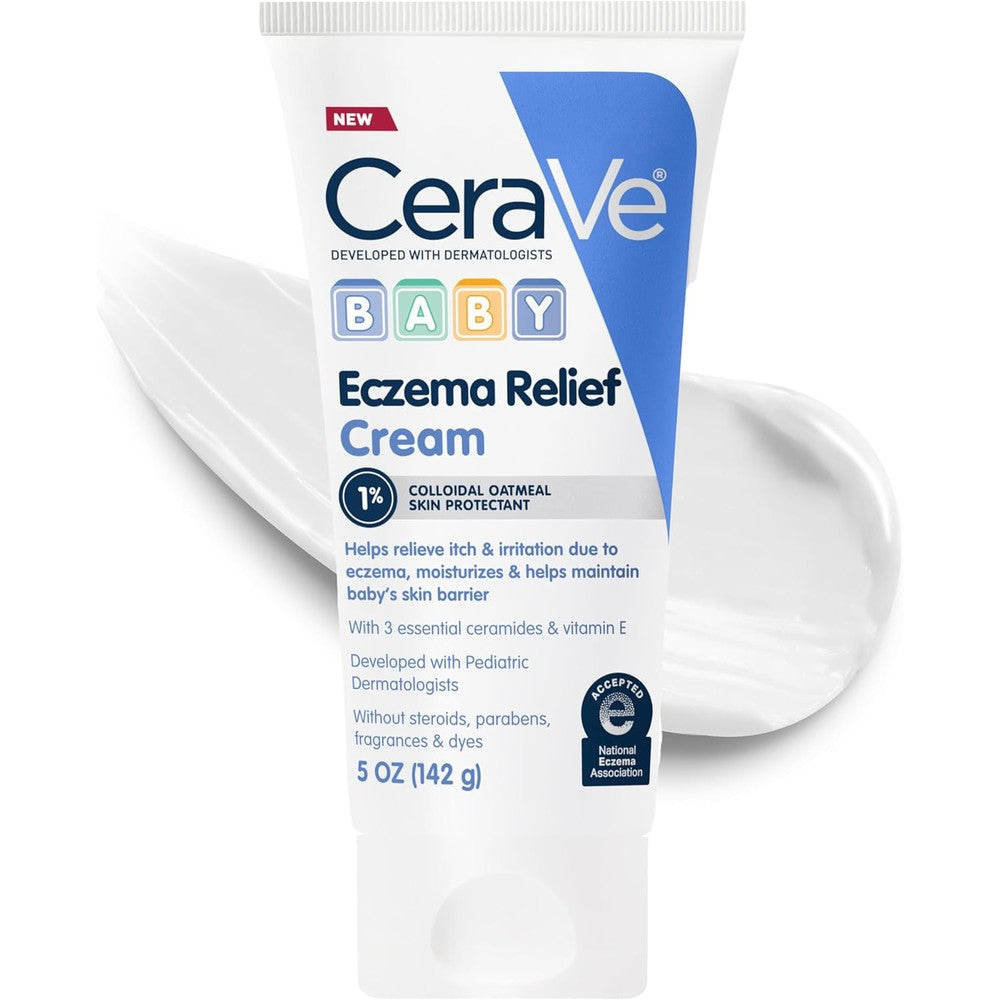 CeraVe Baby Eczema Relief Cream front view of five ounce tube with blue and white packaging showcasing colloidal oatmeal benefits.