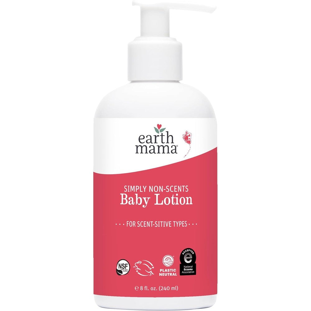 Earth Mama Simply Non Scents Baby Lotion 8 Fluid Ounce front view bottle for sensitive skin care
