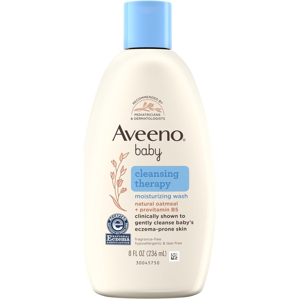 Aveeno Baby Cleansing Therapy Moisturizing Body Wash front view bottle showing oatmeal formulation for sensitive skin.