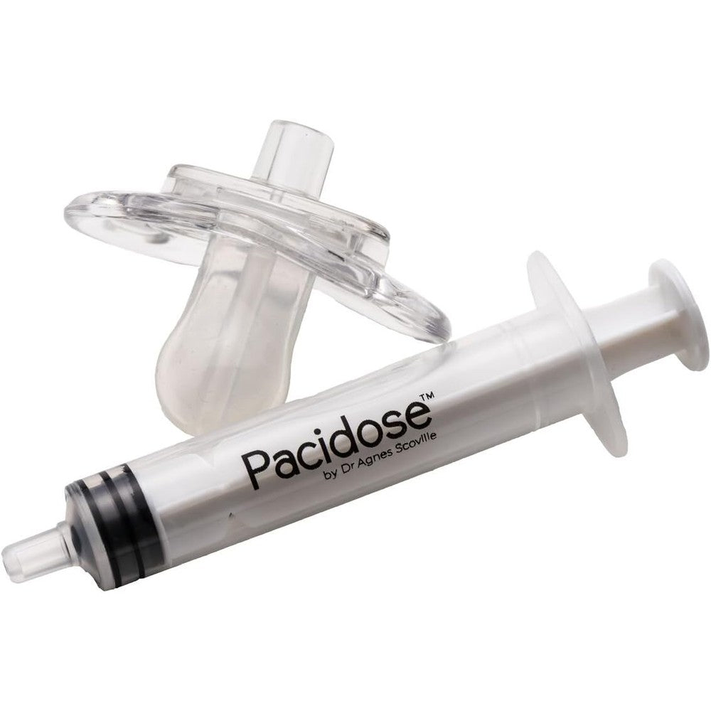 Pacidose liquid medicine dispenser with oral syringe front view