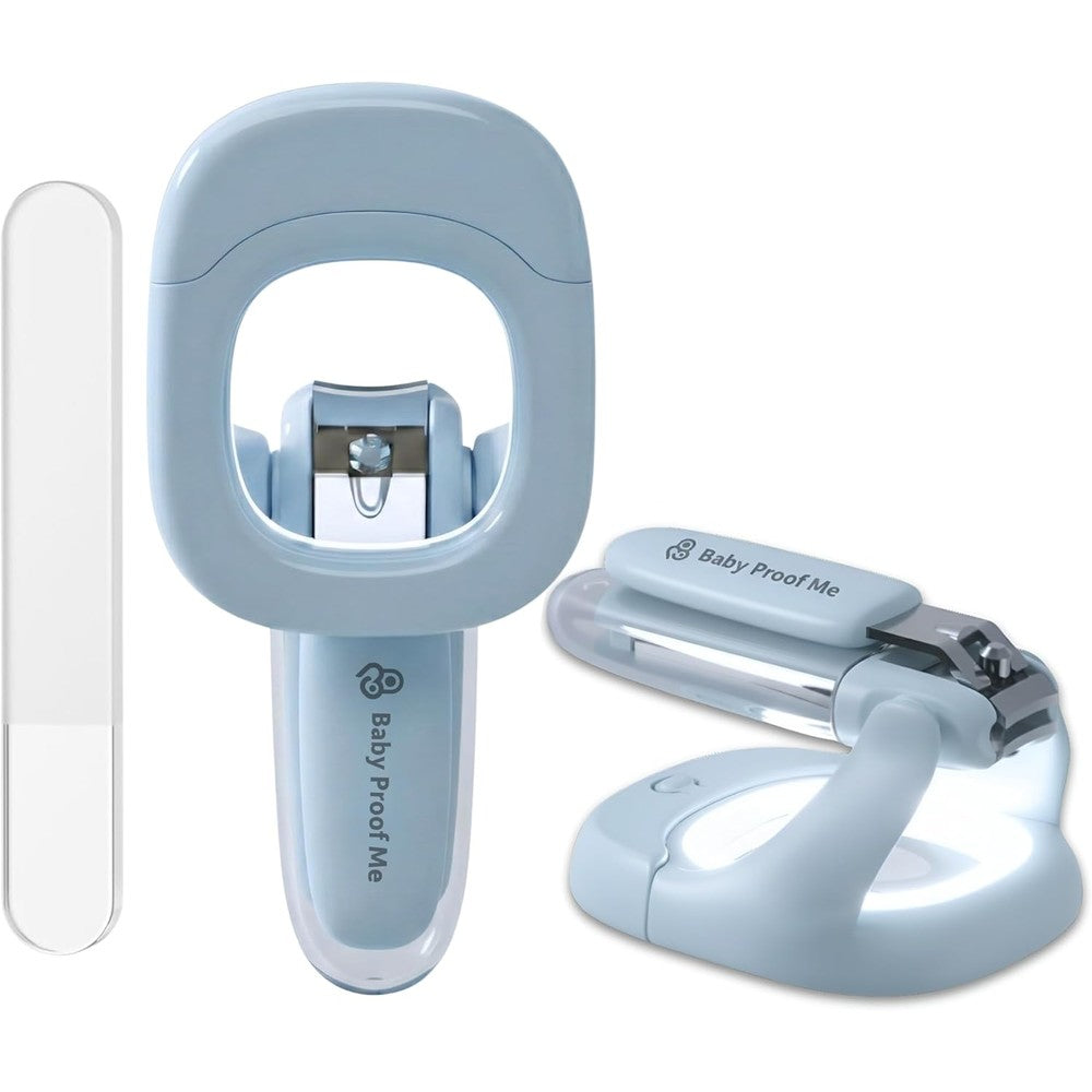 Baby Proof Me Luma Clip baby nail clipper front view showing blue ergonomic handle and built-in magnifier glass