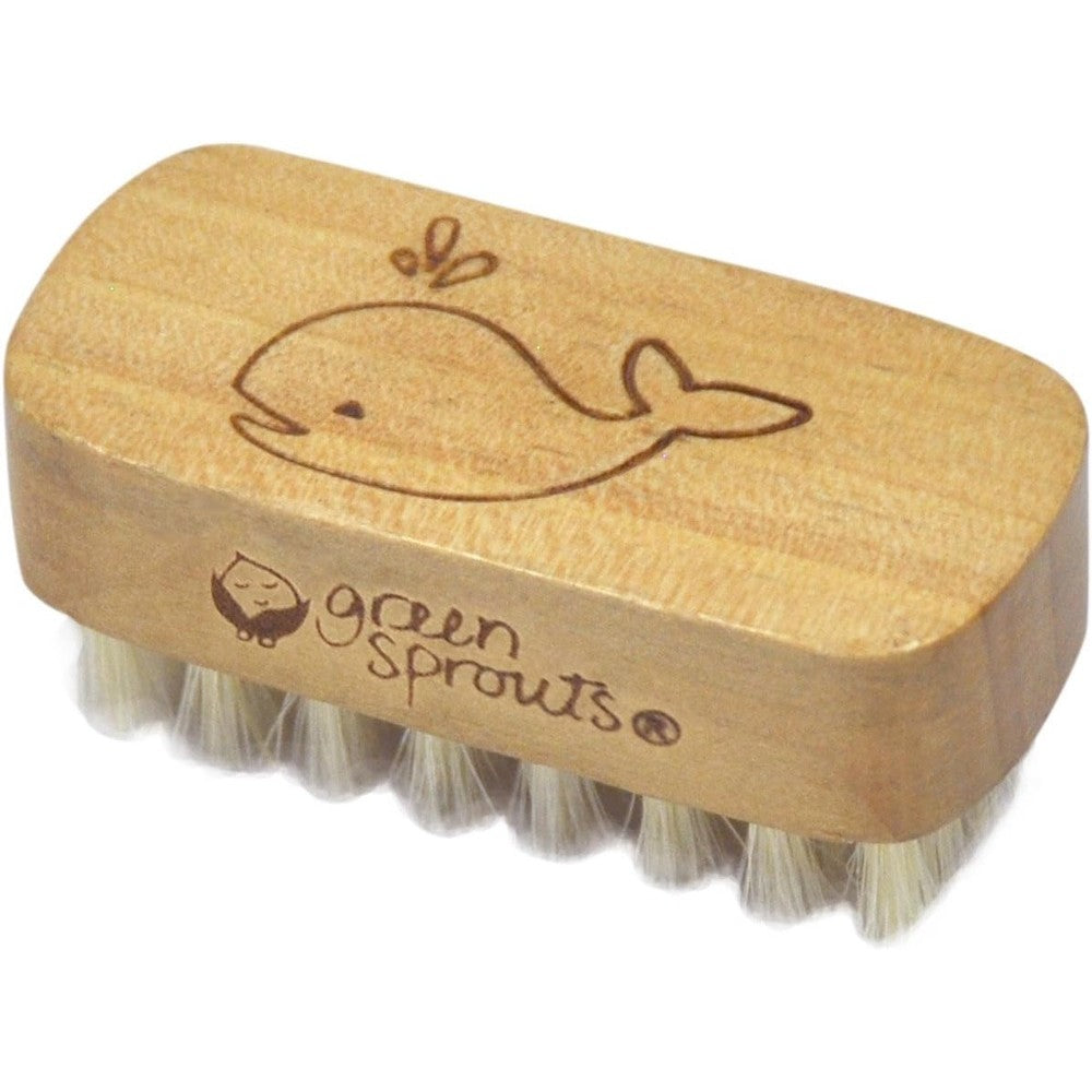 Green Sprouts baby nail brush front view with wood handle