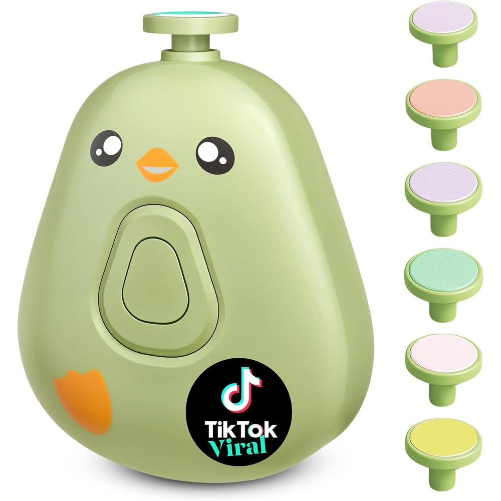 OEM electric baby nail trimmer avocado green front view showing cute cartoon design