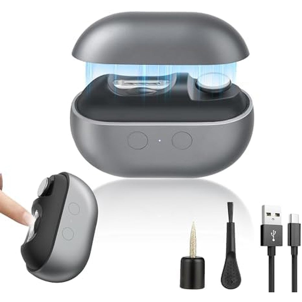 Generic 3-in-1 electric nail clipper front view showing gray ergonomic design and LED light