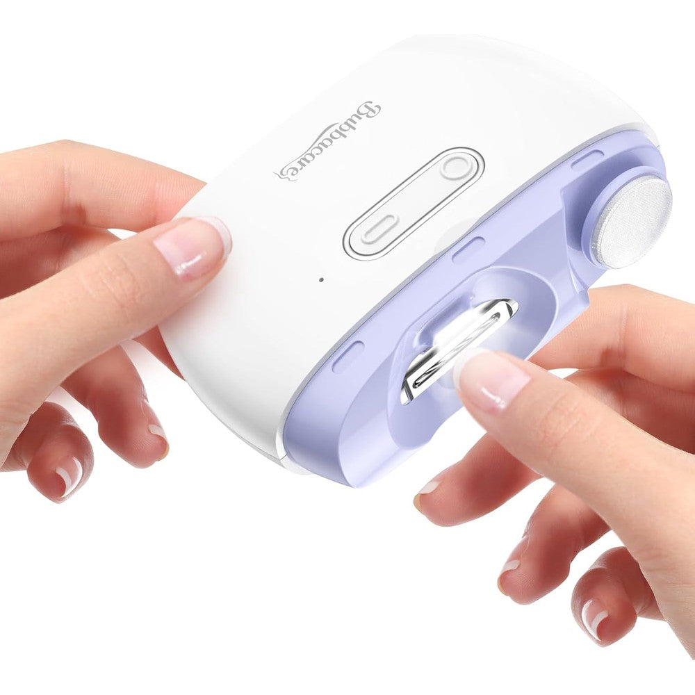 Bubbacare electric nail clipper and polisher front view in white and purple color.