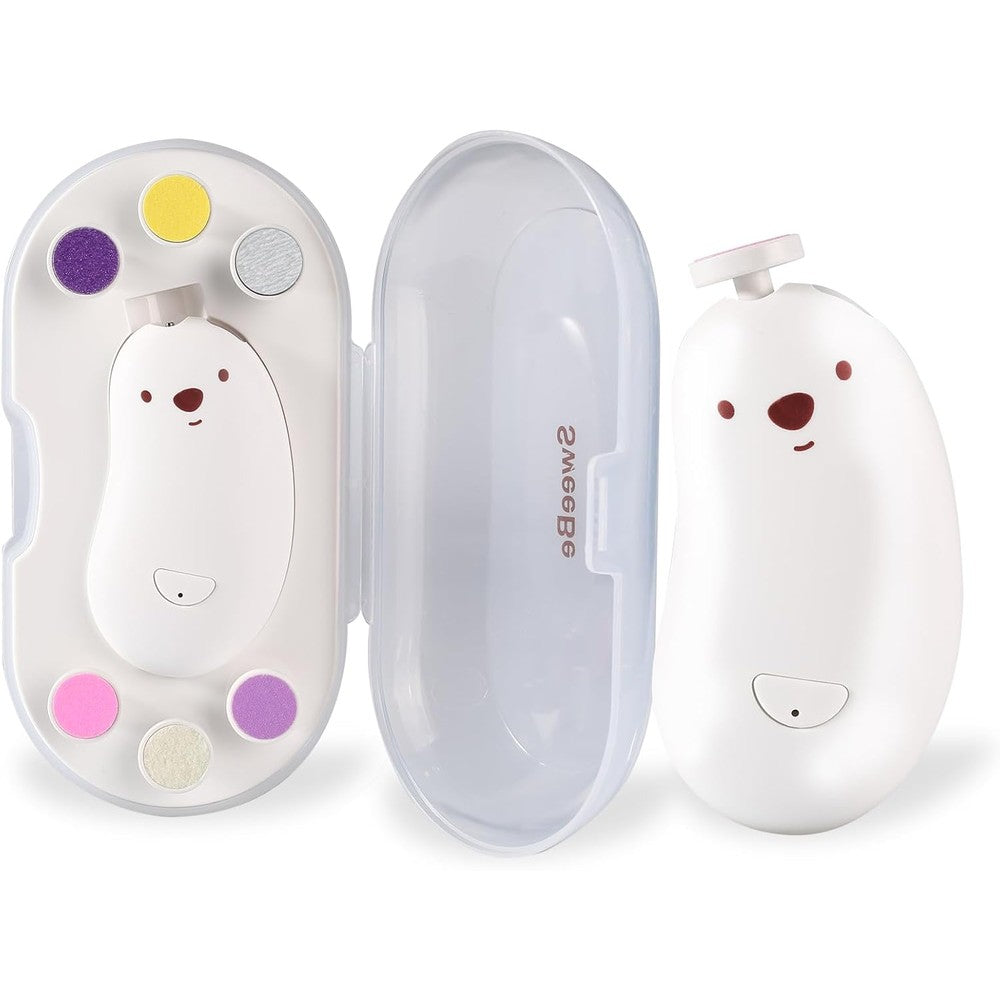 Szabeisa electric baby nail file kit front view showcasing the white polar bear trimmer and clear protective storage case.