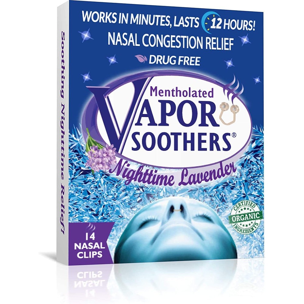 Vapor Soothers Nighttime Lavender nasal dilator clips front view for snoring relief