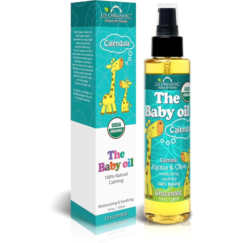 US Organic baby oil with calendula and jojoba front bottle view
