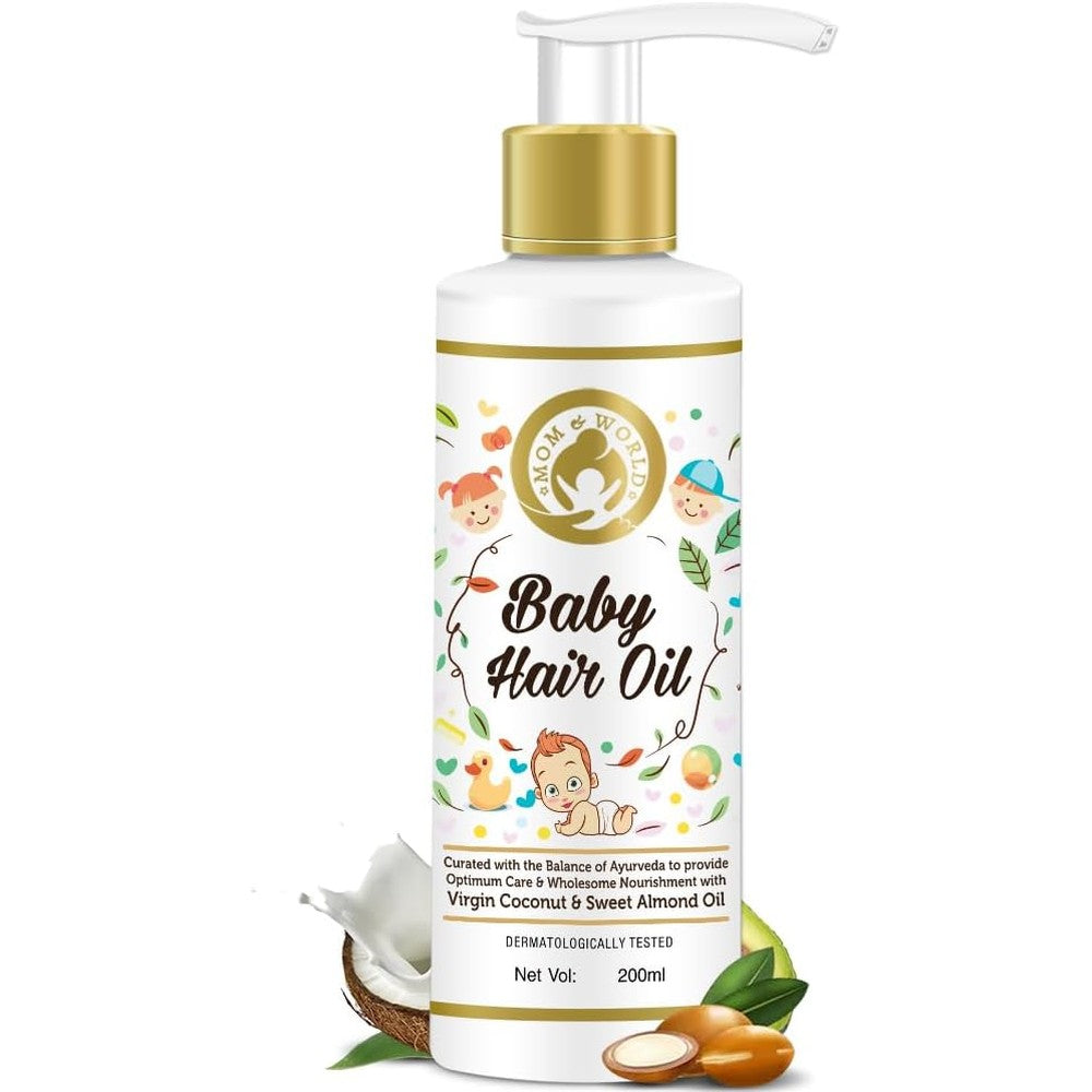 Mom and World Baby Hair Oil bottle front view for kids hair care.