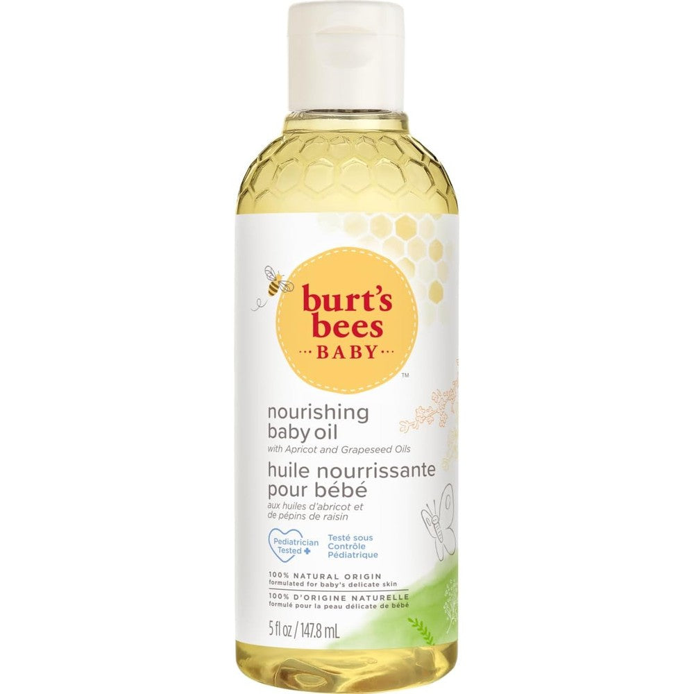 Burt's Bees Baby Nourishing Baby Oil front view of the five fluid ounce bottle showing natural ingredients packaging.
