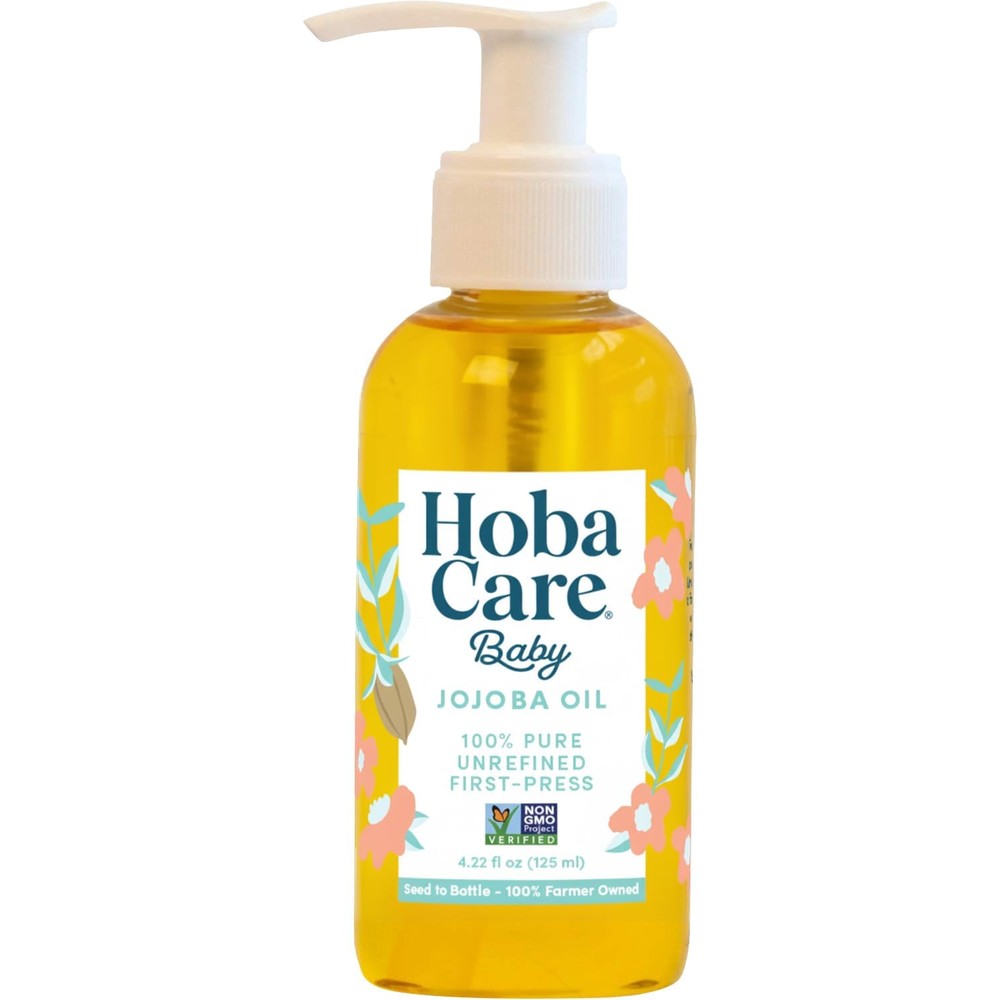 Hobacare Jojoba Baby Oil bottle with pump dispenser front view