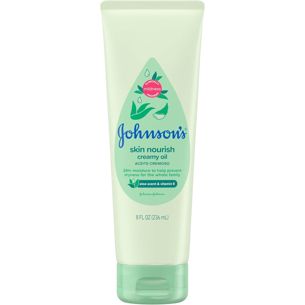 Johnson's Skin Nourish Creamy Oil front view with aloe and vitamin E
