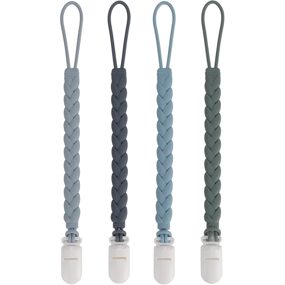 NASHRIO silicone pacifier clips four pack front view featuring grey woven rope design