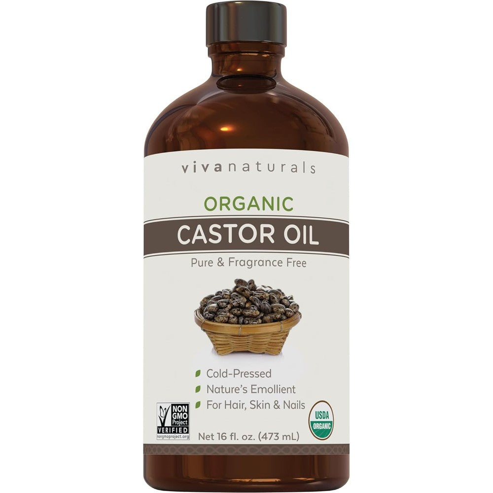 Viva Naturals organic cold pressed castor oil glass bottle front view