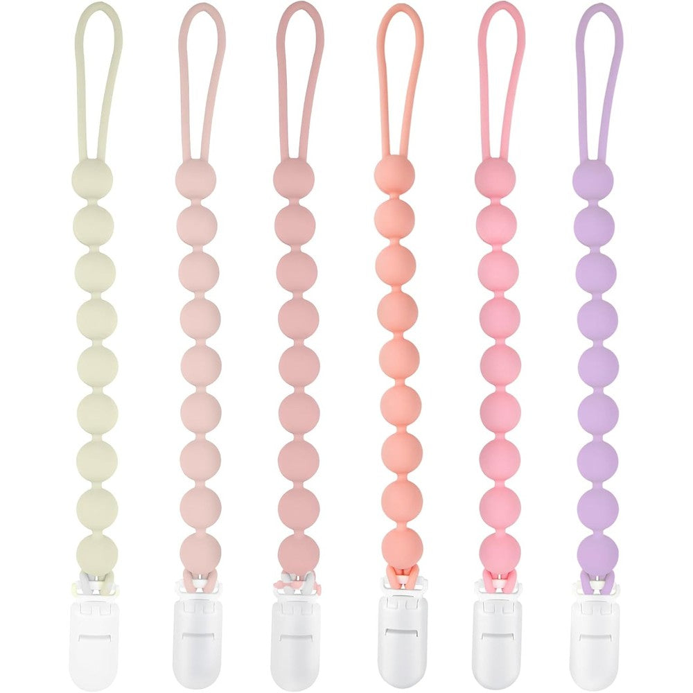 MINMUNJIU Silicone Pacifier Clip Holder front view showing the 6 pack assortment of soft colors for baby girls.
