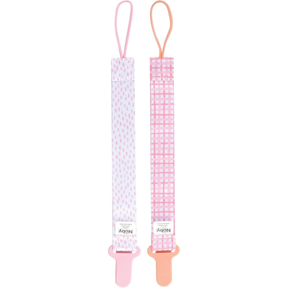 Nuby Infants Pacifinder Pacifier Clips two pack front view showing pink and white fabric strap designs