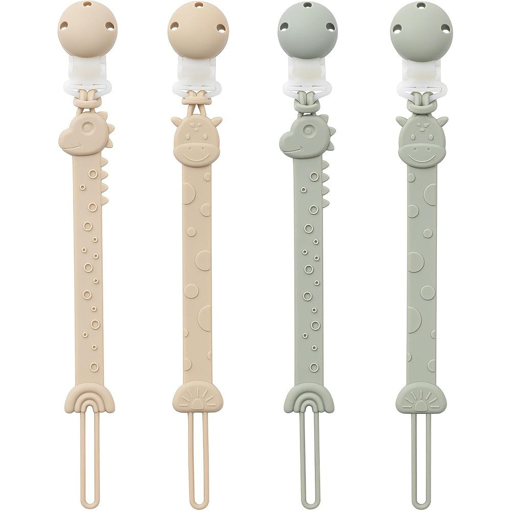 YIVEKO silicone pacifier clips four pack front view featuring ivory and sage animal designs.