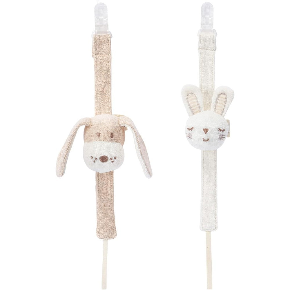 COTTONBEBE organic cotton baby pacifier clip puppy and bunny two pack front view