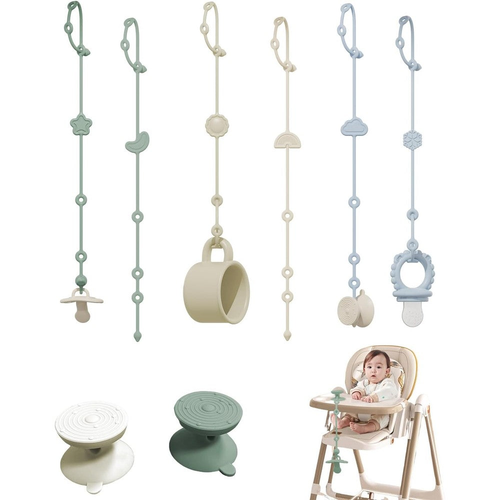 Cathill silicone baby toy straps front view showing the 6 pack tethers and 2 suction cup bases