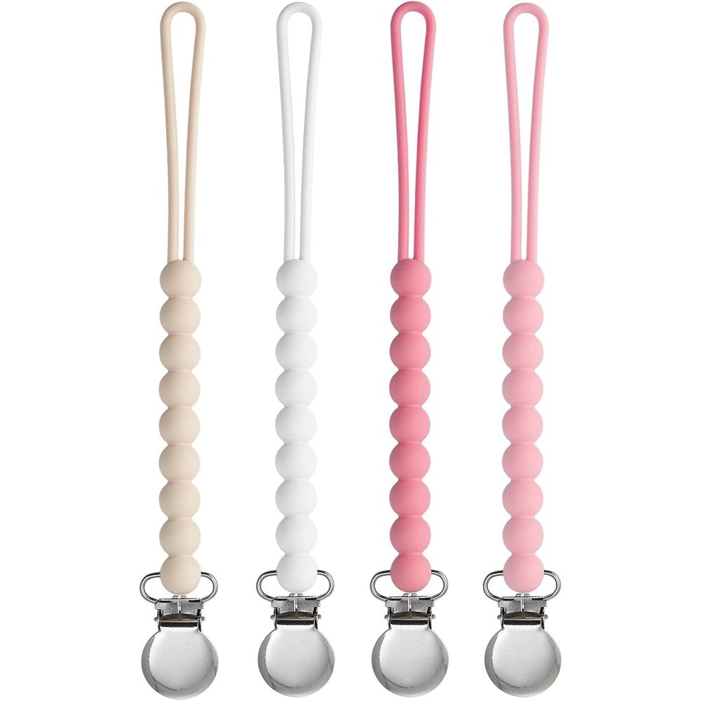 MORIBOX pacifier clip four pack front view showing beige white pink and deep pink color variants