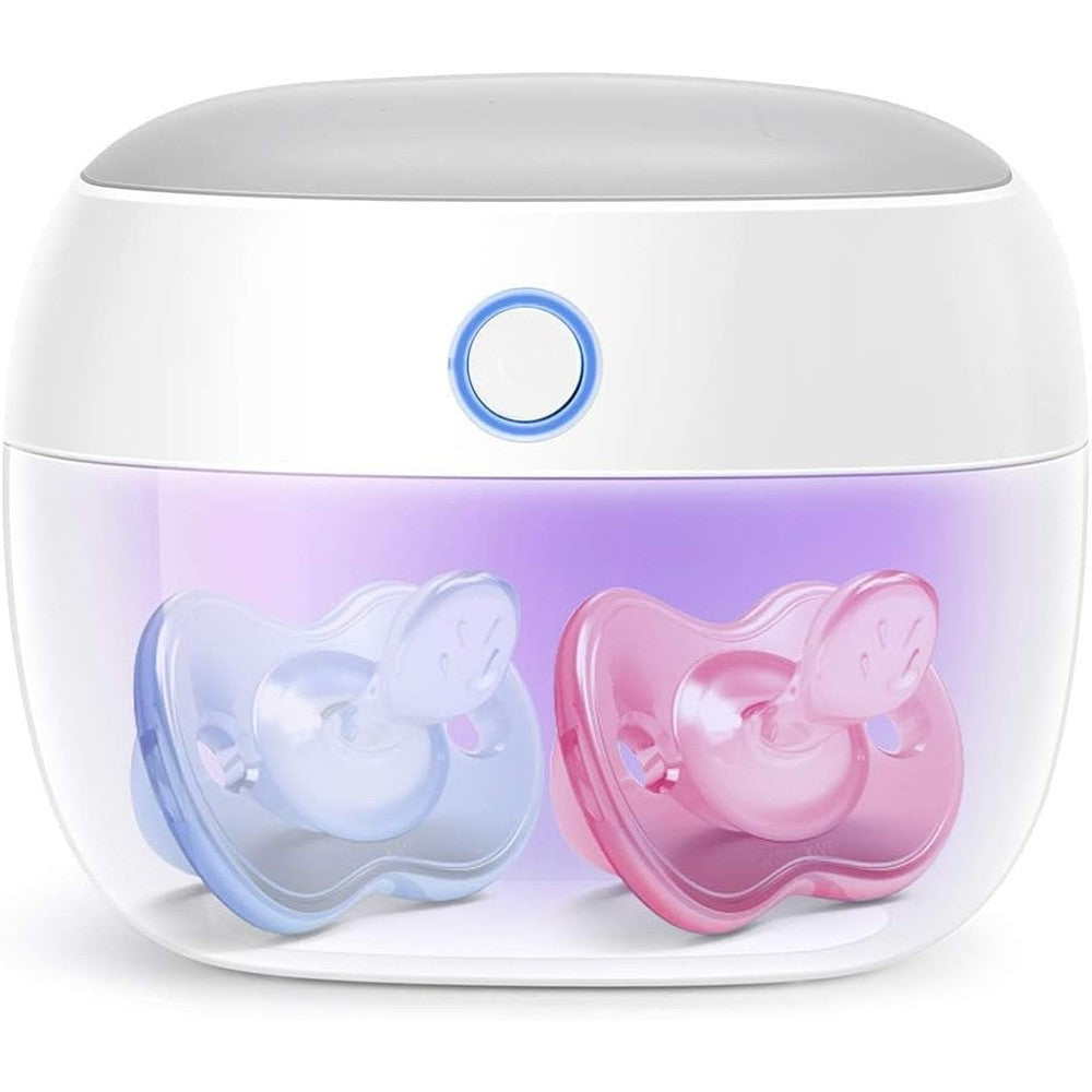 Papablic portable pacifier sanitizer front view showing the compact white travel case with attachment strap.