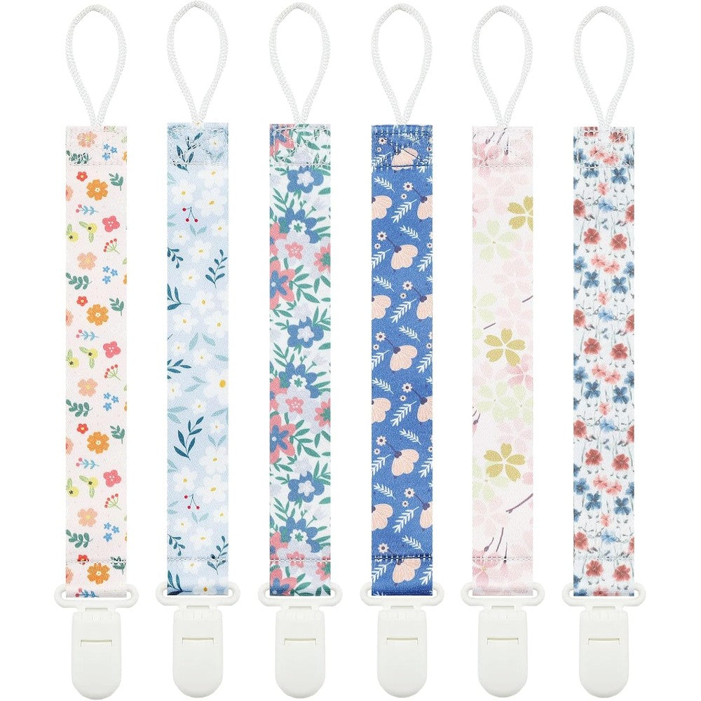 Babygoal floral pacifier clips six pack front view featuring vibrant patterns.