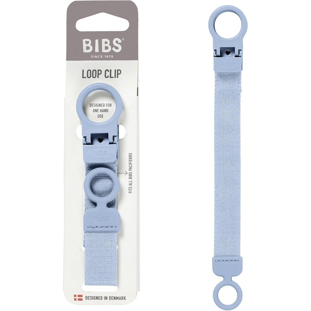 BIBS Loop Pacifier Clip in Dusty Blue front view showing the premium fabric strap and silicone ring.