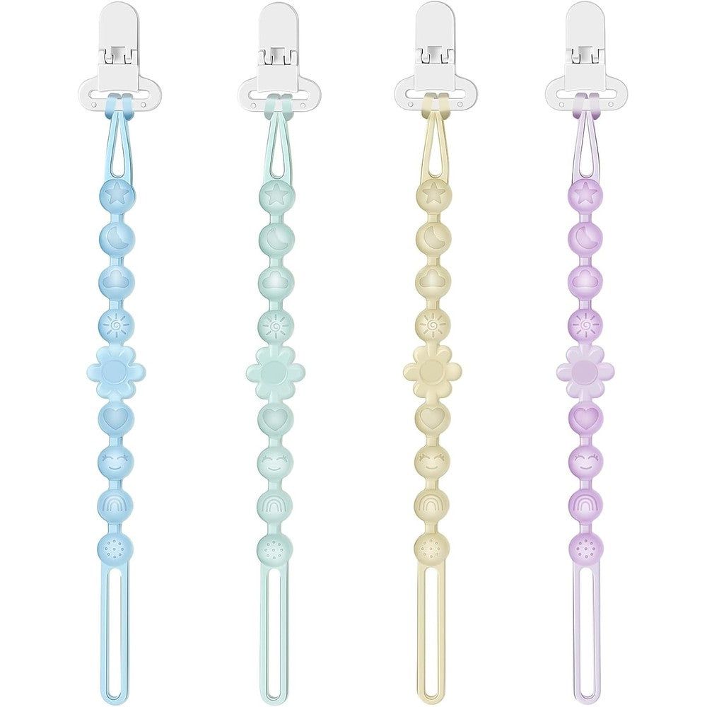 Slotic silicone pacifier clip holder four pack front view featuring pastel colored teething straps.