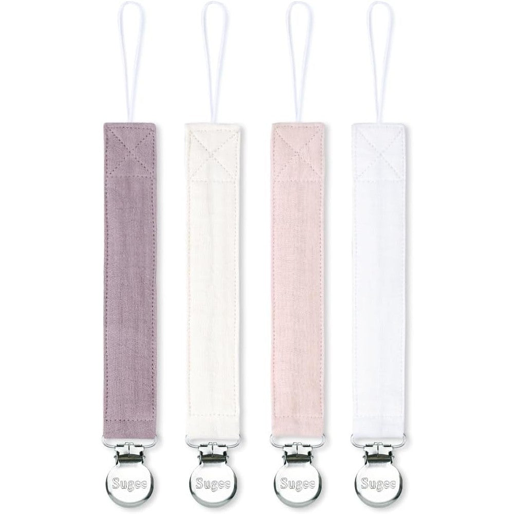 Sugee linen pacifier clip front view showing soft pastel fabric straps