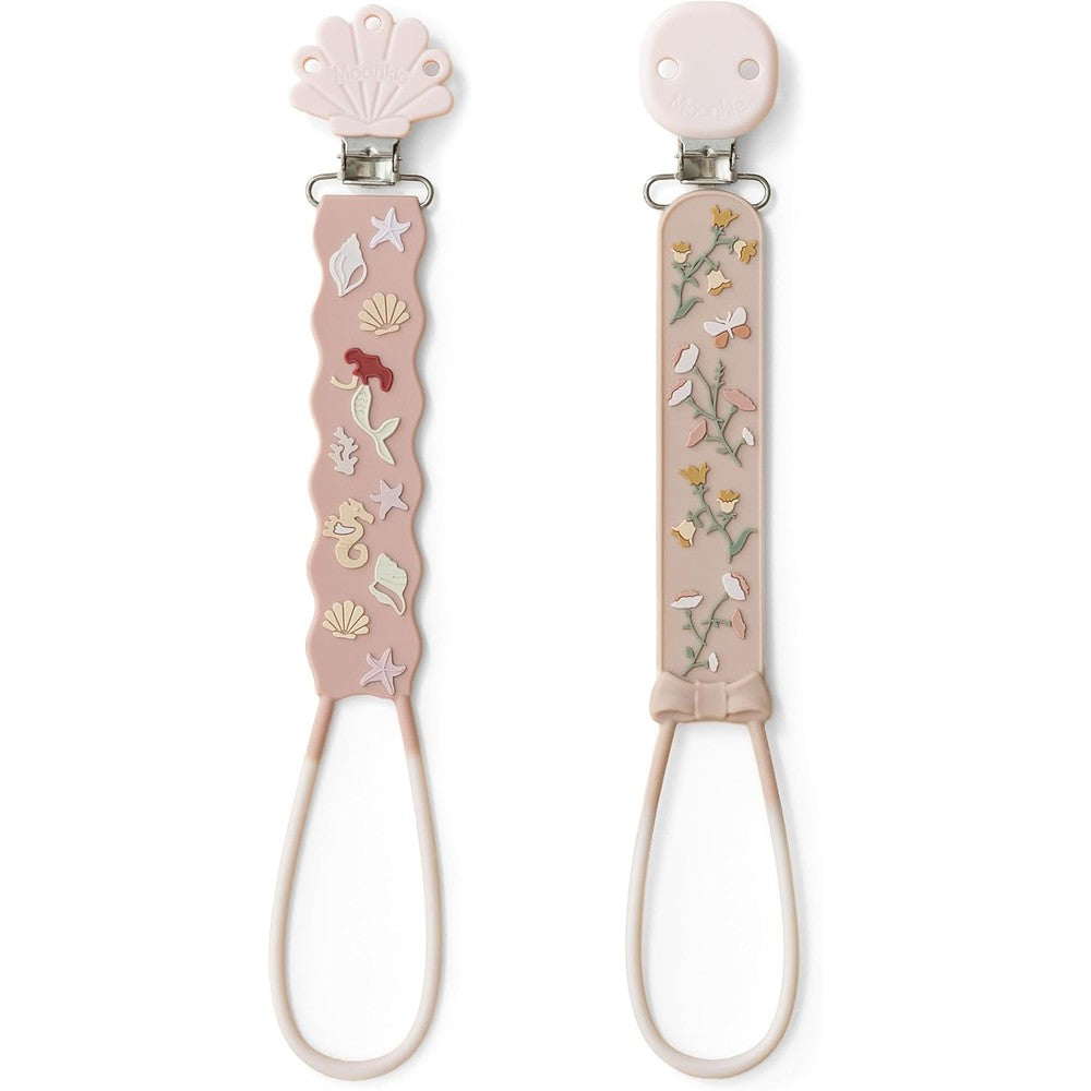 Moonkie Flat Silicone Pacifier Clips front view pack of two in pink Mermaid Dreams design