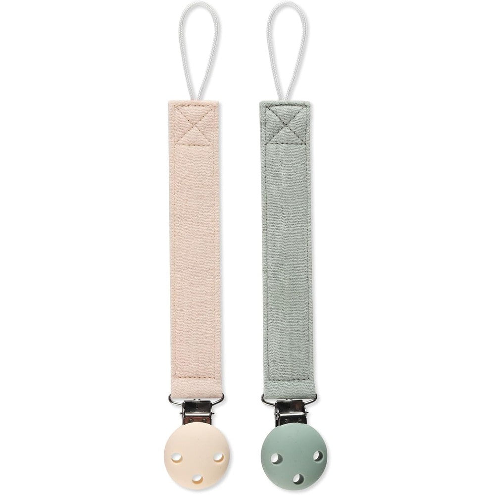 Dirbabi pure cotton pacifier clip holder front view in moody blue and milk white fabric