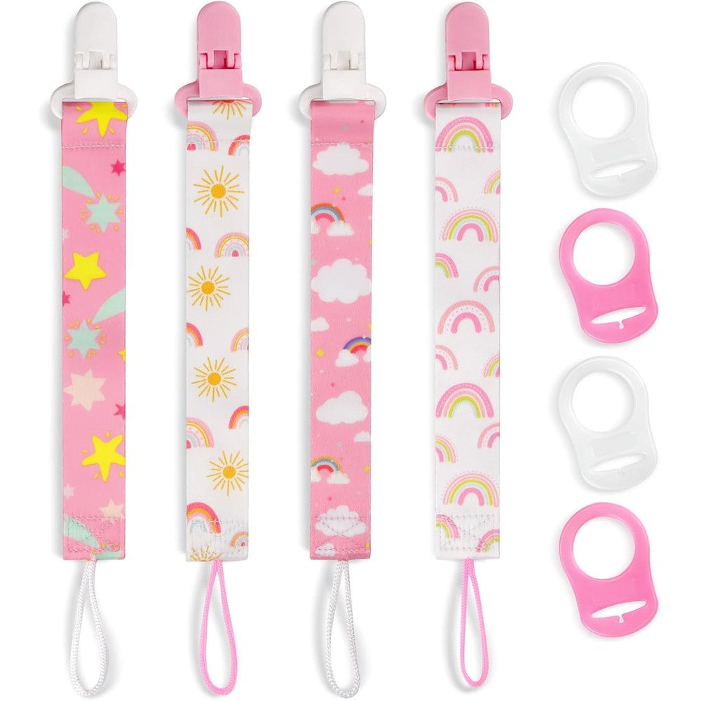Hunxuo 4 Pack Pacifier Clips front view showcasing pink and white patterns on a clean background.