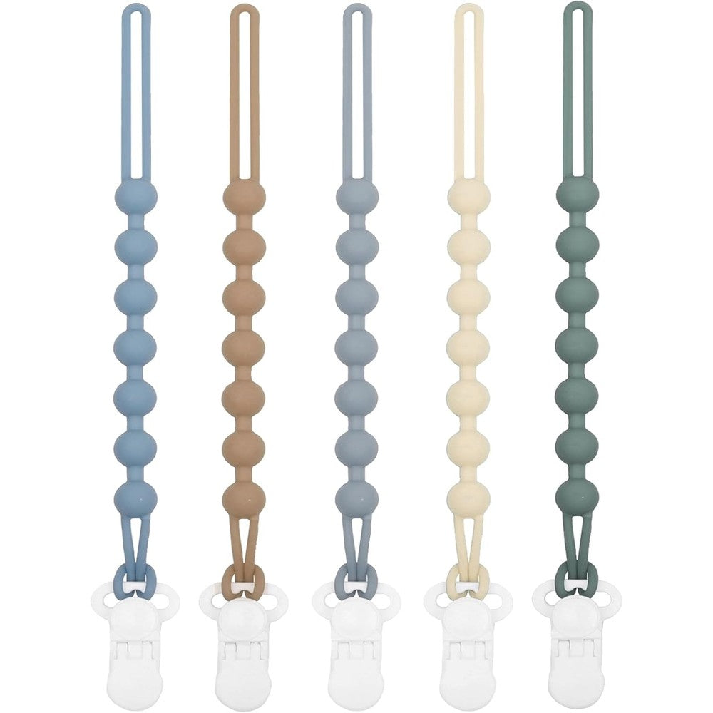Duludulu silicone pacifier clip front view showing five blue and neutral color straps.