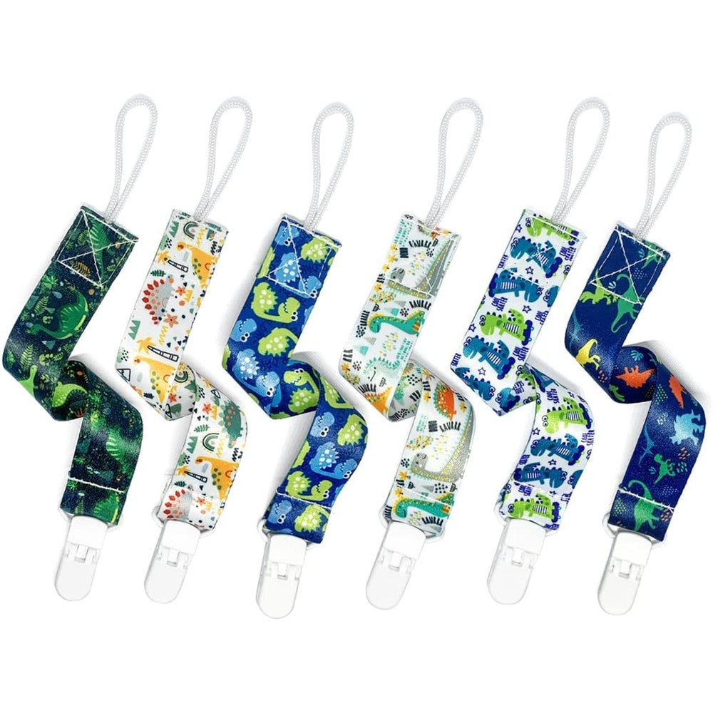 PandaEar baby pacifier clips 6 pack front view featuring dinosaur pattern binky straps