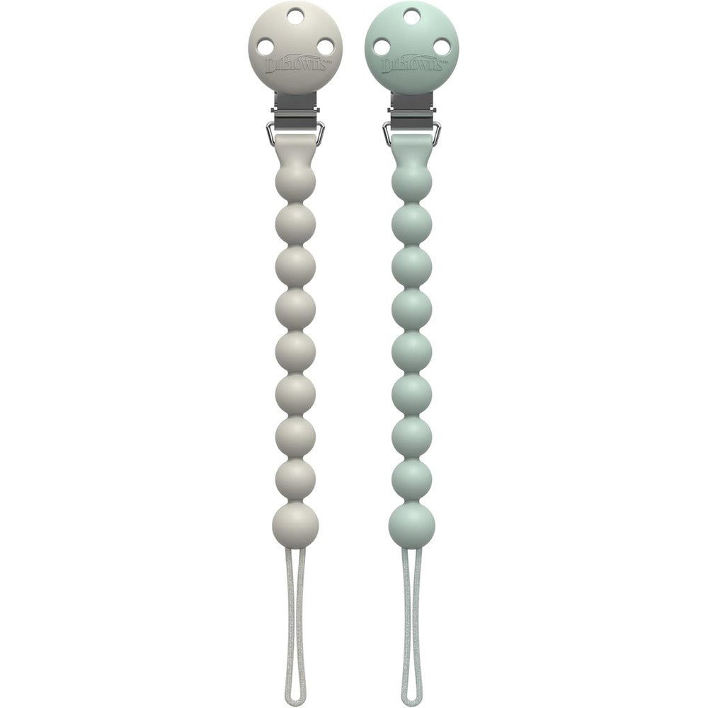 Dr. Brown's Silicone Pacifier Clips front view of green and gray straps