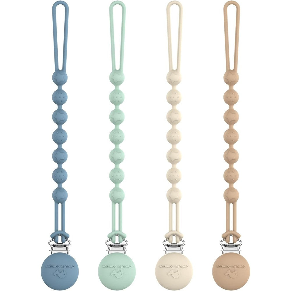 Cuddle Campus silicone pacifier clip holder pack of four front view showing the brown muted shades.
