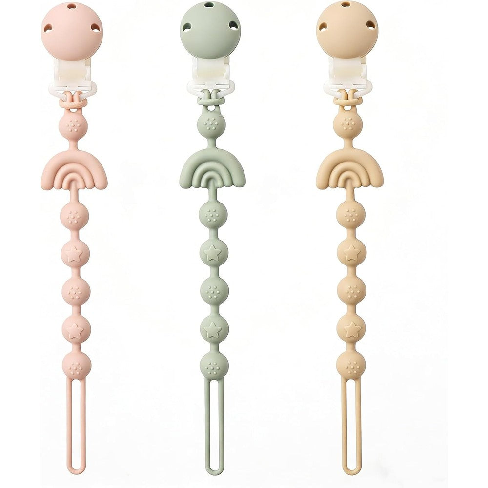 Andy Bear baby pacifier clips front view showing ivory sage and blush set of three