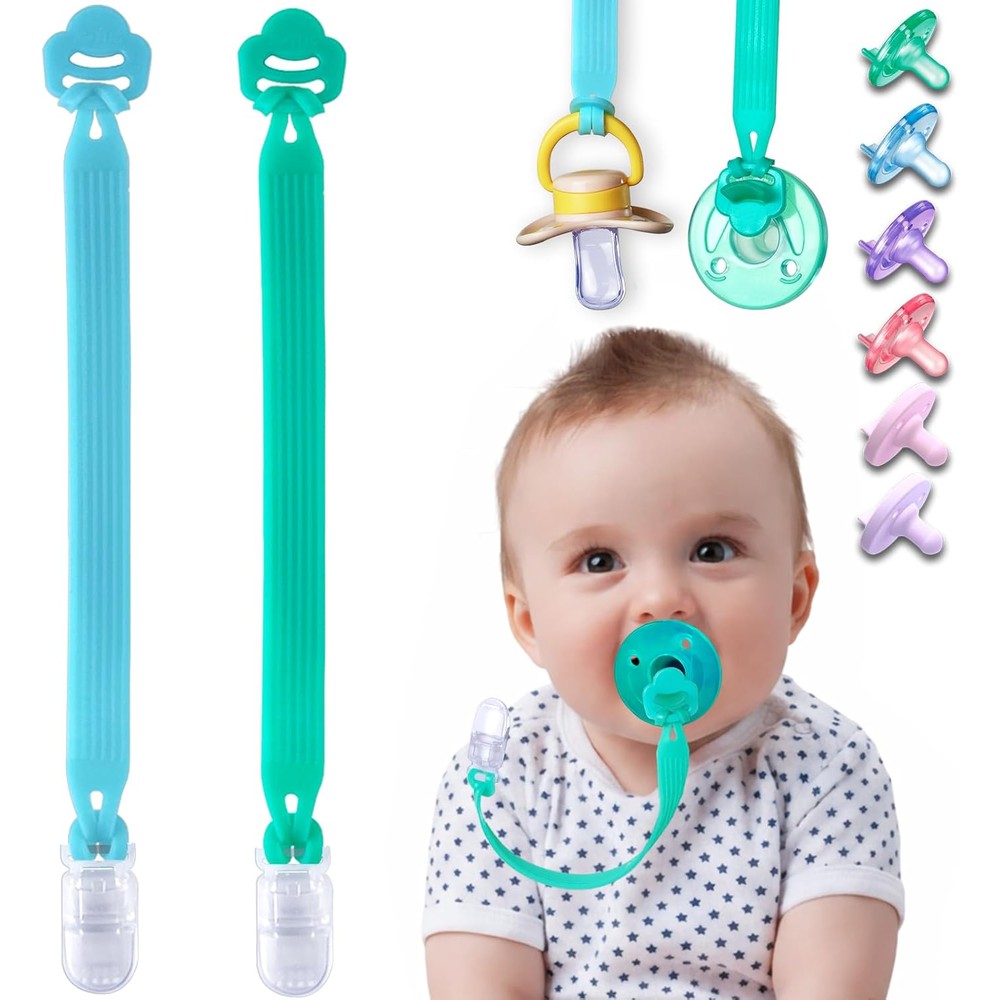 Qunland silicone pacifier clip with adapter ring front view showing blue and green variants.