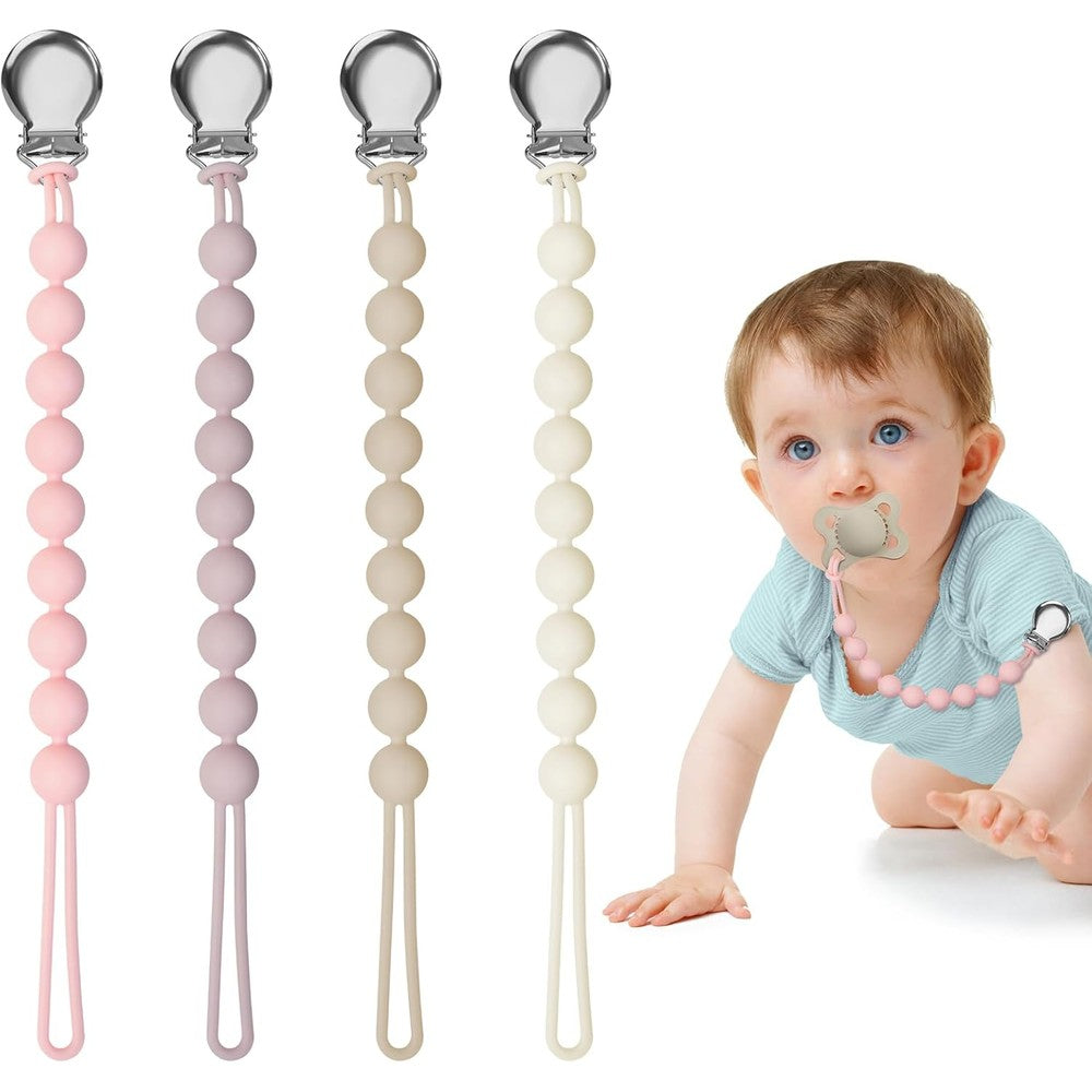 Loviomad silicone pacifier clips front view showing four pack in muted pastel colors.