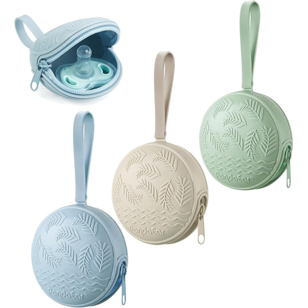PandaEar 3 Pack Silicone Pacifier Holder Case front view showing green blue and cream travel pouches