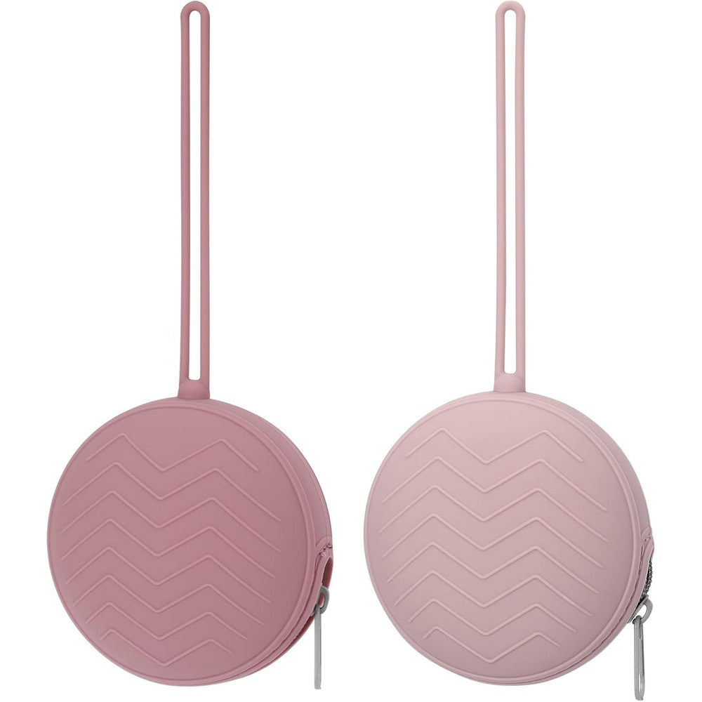 Nupoopy silicone pacifier holder case front view showing powder rose and dusty lilac pouches