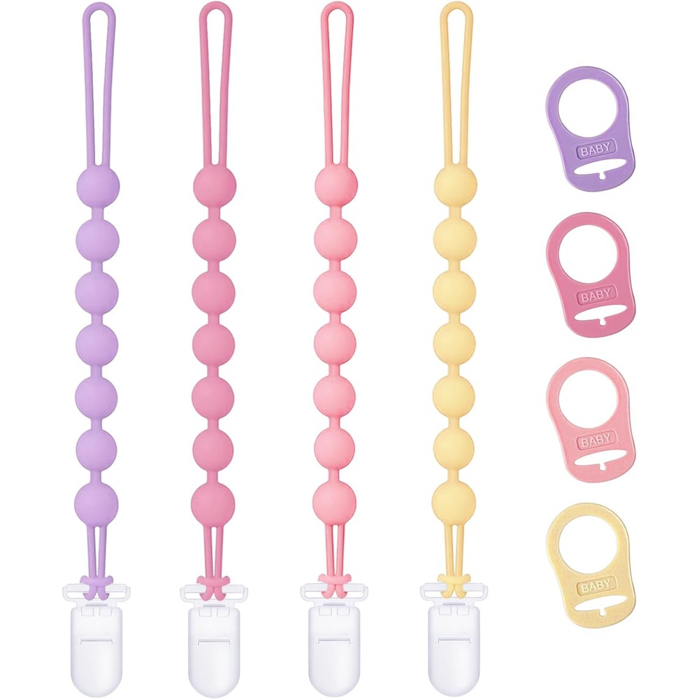 Qunland silicone pacifier clip front view showing pastel beaded chains
