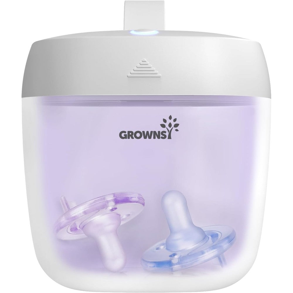 Grownsy portable UV pacifier sanitizer front view showing white lid and clear case