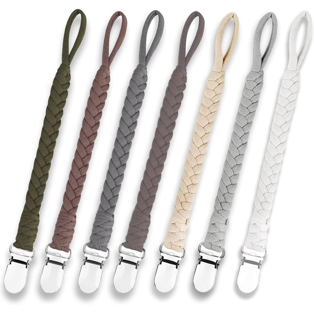 Duludulu 7 piece braided pacifier clip set front view displaying neutral earthy tones