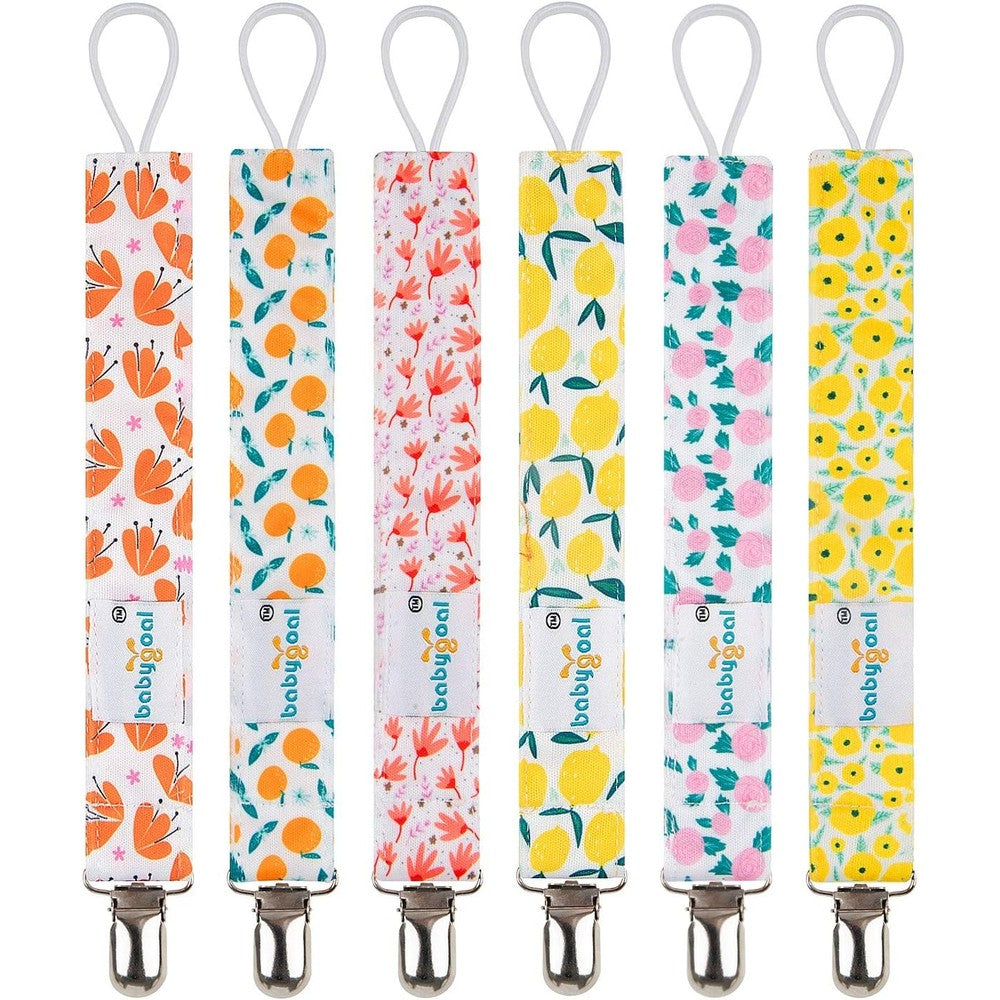 Babygoal Girl Fruit Pacifier Clips six pack front view showcasing colorful botanical patterns.