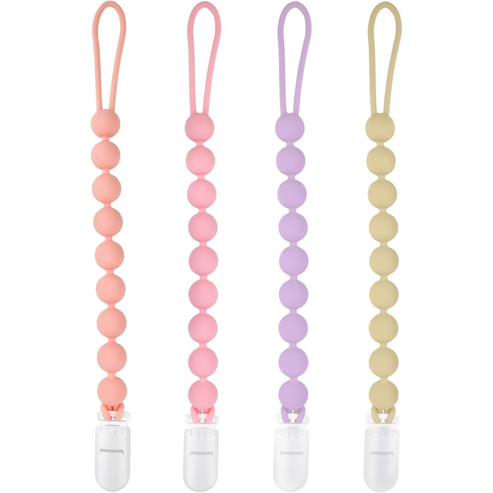 MINMUNJIU silicone pacifier clip holder four pack front view featuring pastel pink shades for baby girls.